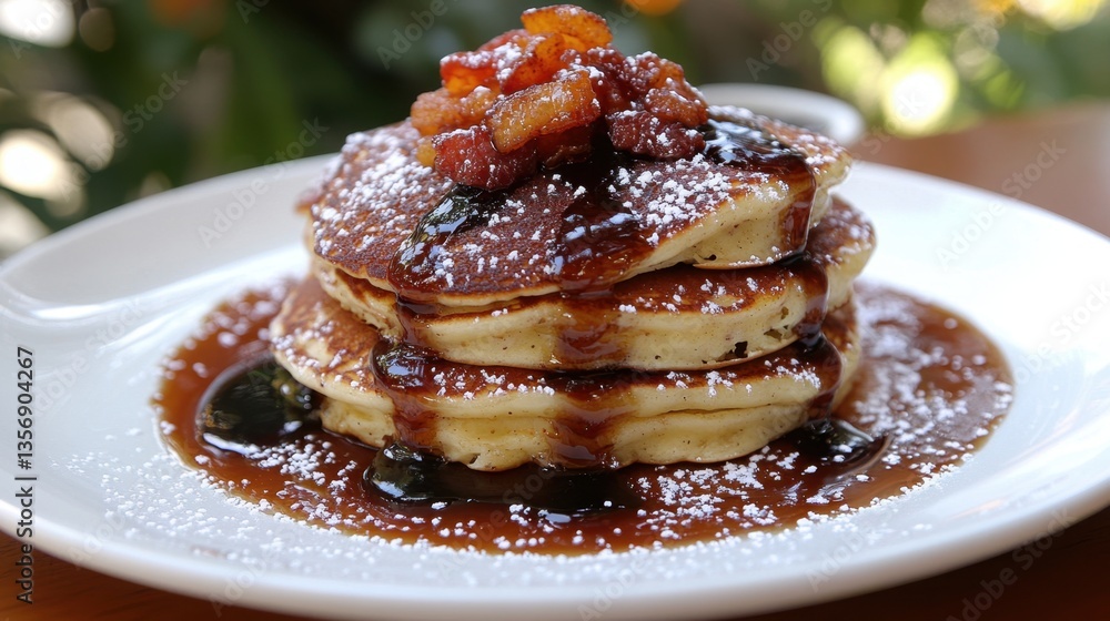 Poster stack of delicious pancakes with maple syrup and powdered sugar on a white plate in natural light se