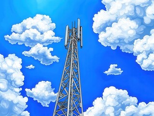 Towe metal cell tower rising above swirling clouds under a vibrant blue sky showcasing technology and nature's contrast