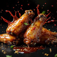 Spicy chicken wings with hot sauce splashing on a black background, hyper-realistic, high-resolution shot.