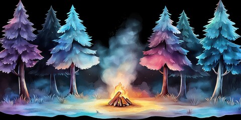 Campfire glow illuminates the snowy ground beneath vibrant pines in the mysterious night air with swirling smoke and warmth