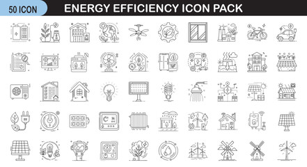 Energy Efficiency Line Icon Set - Minimalist line icon set representing energy efficiency, sustainability, and eco-friendly solutions, ideal for green energy, smart homes, and environmental projects. 