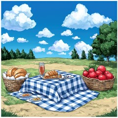 Enjoy a Scenic Outdoor Picnic with Delicious Treats on Checkered Blankets Under Radiant Golden Sunlight in Tranquil Nature