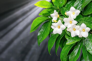 Bathe in a serene sunlit garden sanctuary where golden rays highlight delicate white flowers and vibrant green leaves present beauty