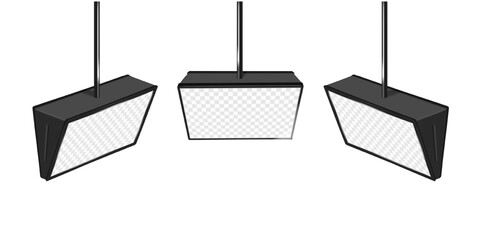 Ceiling LED advertising digital display with transparent screen. Realistic 3d vector mockup. Hanging promotional banner sign monitor. Front and side view. Mock-up. Easy editable. Template for design