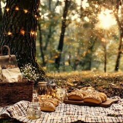 Sun-dd picnic scene under an oak with a vibrant blanket, crusty bread, preserves, and a wicker basket of delights