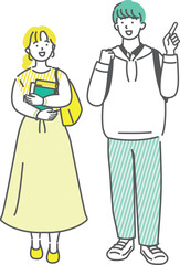 会話を楽しみながら歩く男女の大学生友達のイラスト素材