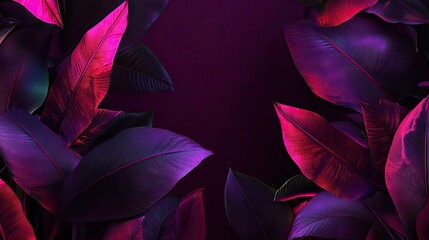 Vibrant neon leaves frame, dark background, abstract art, possible use wallpaper, prints