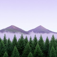 Majestic jagged peaks rise above misty evergreen forest beneath a stunning lavender sky with softly drifting clouds overhead
