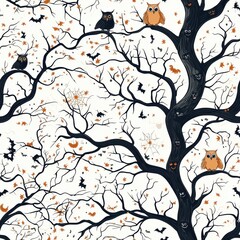 Whical colorful cartoon pattern featu smiling haunted trees, friendly owls, bats, autumn leaves and spooky spiderwebs
