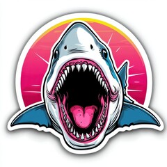 Neon shark sticker design featu great white shark with open mouth against vibrant pink and orange sunset backdrop art