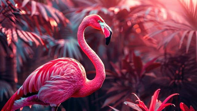 Pink Flamingo in a Tropical Paradise