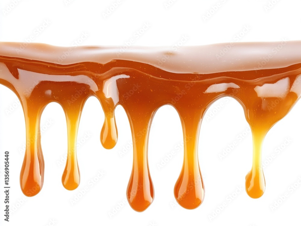 Poster golden caramel drips flowing smoothly over white background capturing sweetness and richness in stud