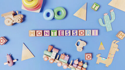Montessori concept, wooden toys on blue background, 3d rendered illustration