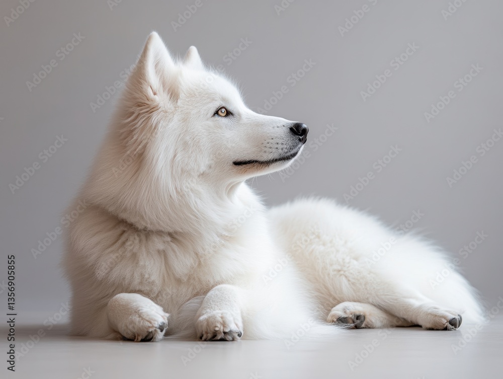 Poster elegant white samoyed dog lying down in a studio setting with soft lighting and a neutral background