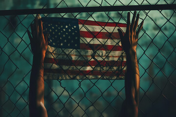 American Dream: A poignant depiction of the American flag held against a chain-link fence, symbolizing longing, hope, and the complexities of freedom and belonging. Hands reach out.