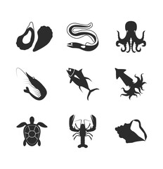 Sea food black icons set with lobster salmon shrimp tuna isolated vector illustration
