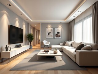 Modern Living Room with Contemporary Design: Light Palette, Stylish Sofa, Abstract Art, Large Windows, and Minimalist Decor for an Elegant, Tranquil Ambiance."