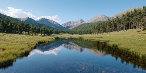 Fototapeta premium Misty mountain valley with whispe pines and a reflective lake mirro majestic peaks beneath a serene tranquil sky