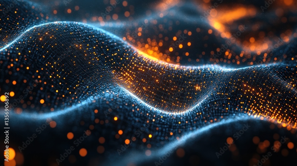 Poster illuminated data stream abstract network visualization concept with glowing particles and complex in