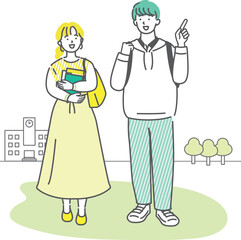 校内で会話を楽しみながら歩く男女の大学生友達のイラスト素材