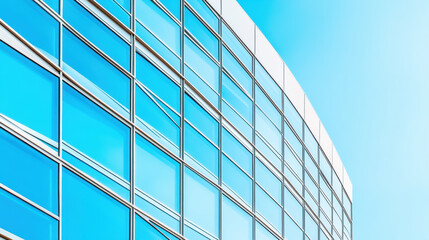 Modern glass building with reflective windows under a clear blue sky