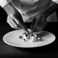 A chef's hands carefully plate a dish with precision, showcasing culinary artistry and gourmet presentation.