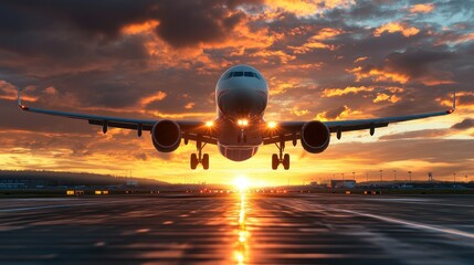 Jet Landing at Sunset over Runway (1)