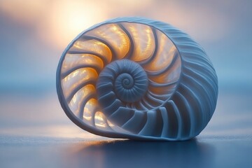 Obraz premium Captivating nautilus shell on reflective surface with warm light creating a serene and peaceful mood showcasing the beauty of nature and geometry