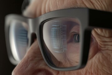 Close up of elderly person with glasses reflecting digital data, showcasing technology integration, vision enhancement, and modern lifestyle trends