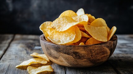 Crispy potato chips bowl wood table background