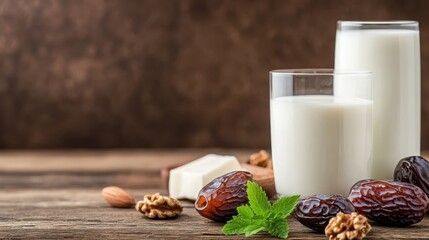 Two glasses of milk are surrounded by dried fruits and nuts, creating a wholesome and inviting composition that highlights nutritious snacks and beverages.
