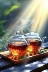Two glass teapots filled with steaming tea on a wooden tray