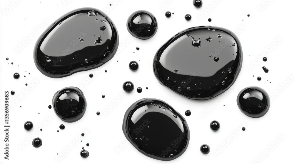 Poster abstract black liquid blobs and droplets on white background creating a modern and minimalist aesthe