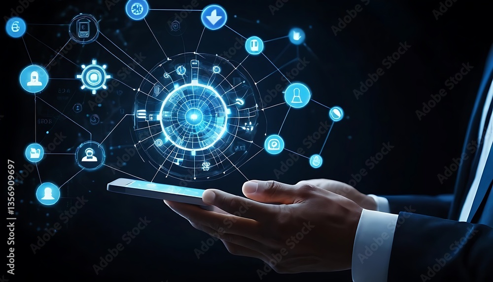 Aufkleber holding smartphone displaying digital network connection for business technology concept