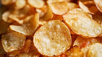 Crispy Potato Chips Close-up, Pepper Seasoning, Rustic Kitchen Setting, Food Photography