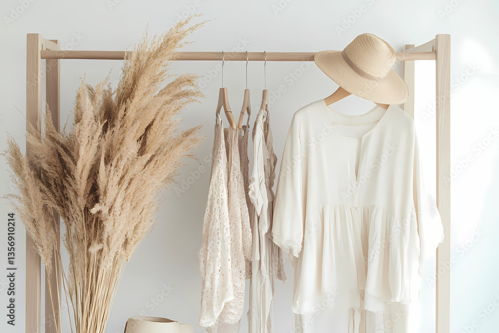 Poster bohemian closet: a minimalist composition presents a bohemian-inspired closet, featuring an array of