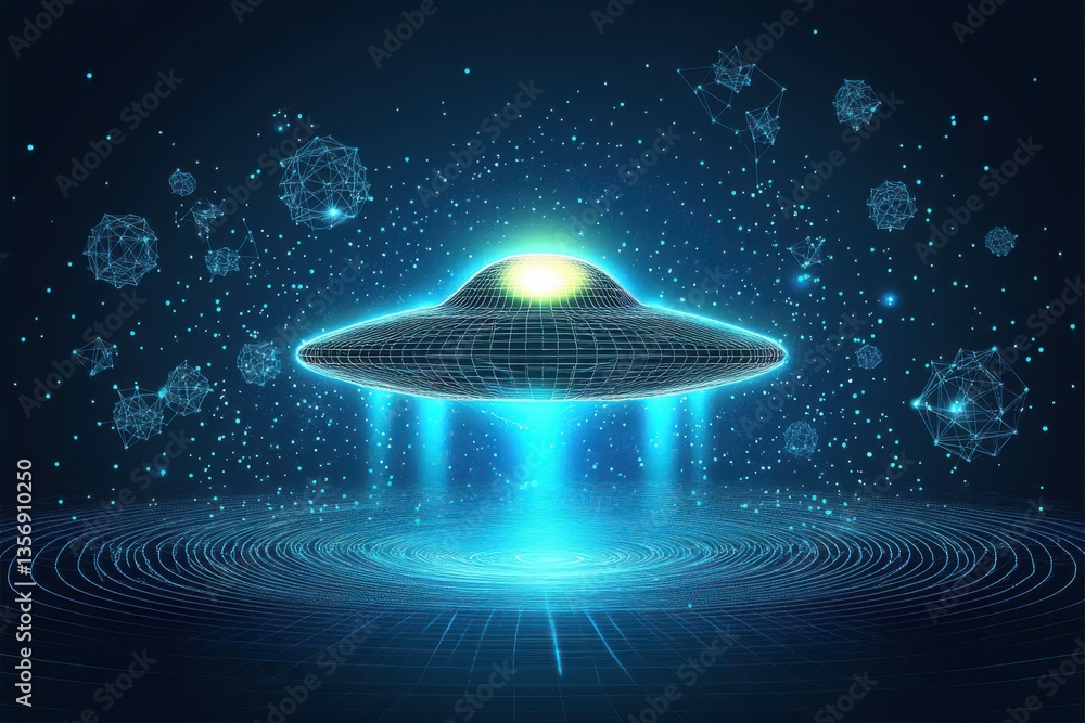 Poster a futuristic digital illustration showcasing a glowing unidentified object in a futuristic setting w