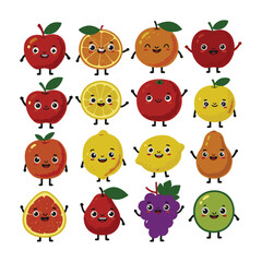 Naklejka premium Cartoon Fruit Animated Drawing Set with Cute Faces Art