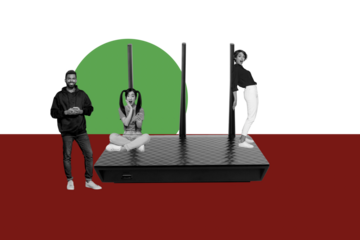 Creative graphics collage image of excited happy friends enjoying wife connection isolated colorful background