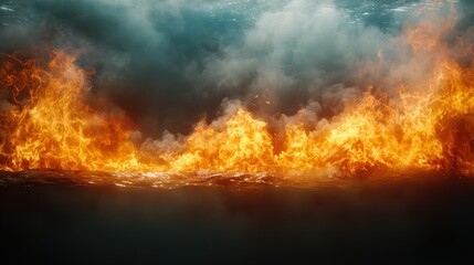 An intense scene depicting bright flames dancing on turbulent water, emphasizing the dramatic juxtaposition of fire and aquatic elements in a visually compelling artwork.