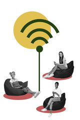 Composite collage image of wifi router internet device icon connect people teamwork remote...