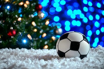 Fototapeta premium A soccer ball on snowy ground beside a Christmas tree.