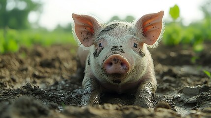A small, happy pig rolls in the dirt, its snout coated in mud, bright light catches the glint in its eyes, close-up radiating playful energy.  