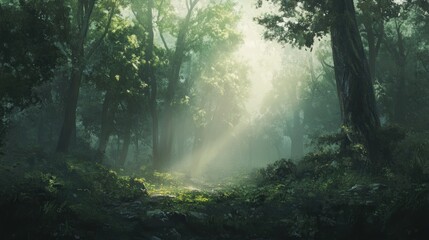 Fototapeta premium Sunlit Woodland Path, Serene Forest Ambiance with Misty Rays