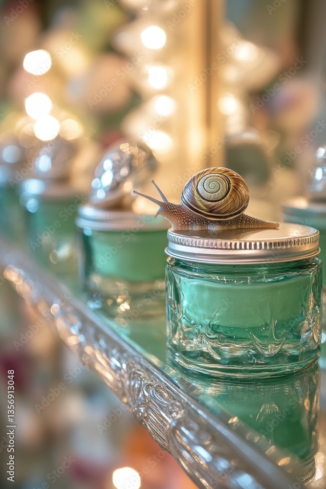 Aufkleber snail perched gracefully on a jar of vibrant green cream, illuminated by soft bokeh lights creating 