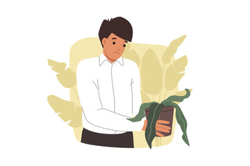 Stress is experienced by business man holding wilted houseplant, symbolizing decline in career. Problem of stress in office employee who needs to take antidepressants or go to psychotherapist