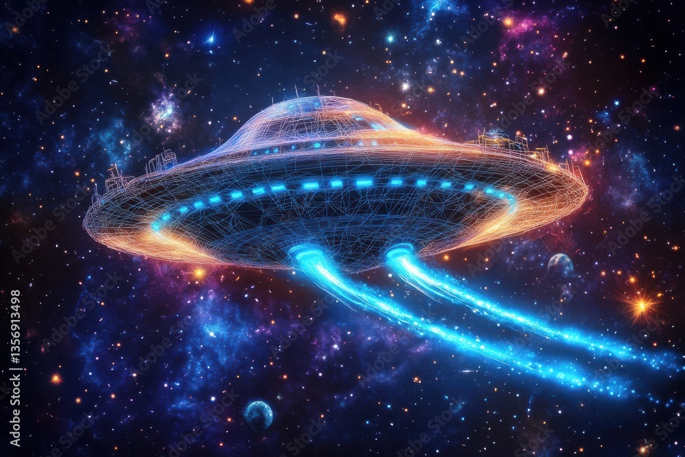 Poster a futuristic digital illustration of a hovering object with a sleek and futuristic design against a 
