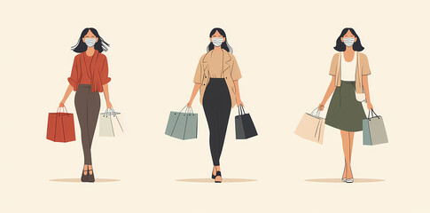 Fashion Forward Shopping: An illustration showcases three stylish women, each gracefully carrying shopping bags and wearing masks, embodying safe shopping and modern fashion trends. 
