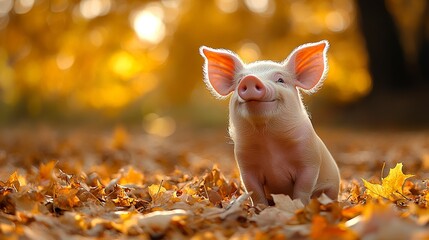 Fototapeta premium A smiling pig sits in a picturesque autumn meadow, surrounded by golden leaves and bathed in soft sunlight, vibrant fall colors creating a heartwarming scene.
