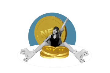 Composite sketch artwork 3D photo collage of young attractive lady say hi wear roller skates sit on huge plate with big gold nft coins